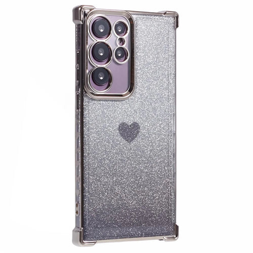For Samsung Galaxy S22 Ultra 5G Heart Pattern Phone Case TPU Glittery Powder Cellphone Cover - Grey - 1