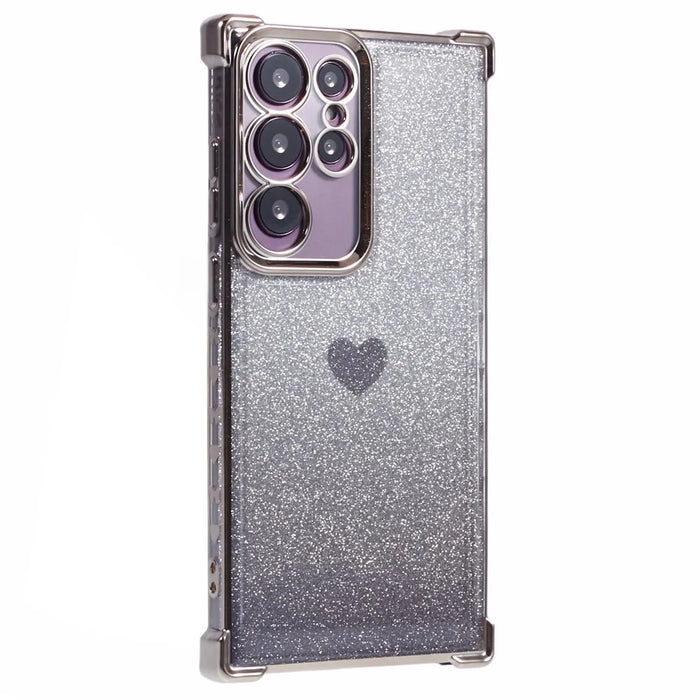 For Samsung Galaxy S22 Ultra 5G Heart Pattern Phone Case TPU Glittery Powder Cellphone Cover - Grey - 1