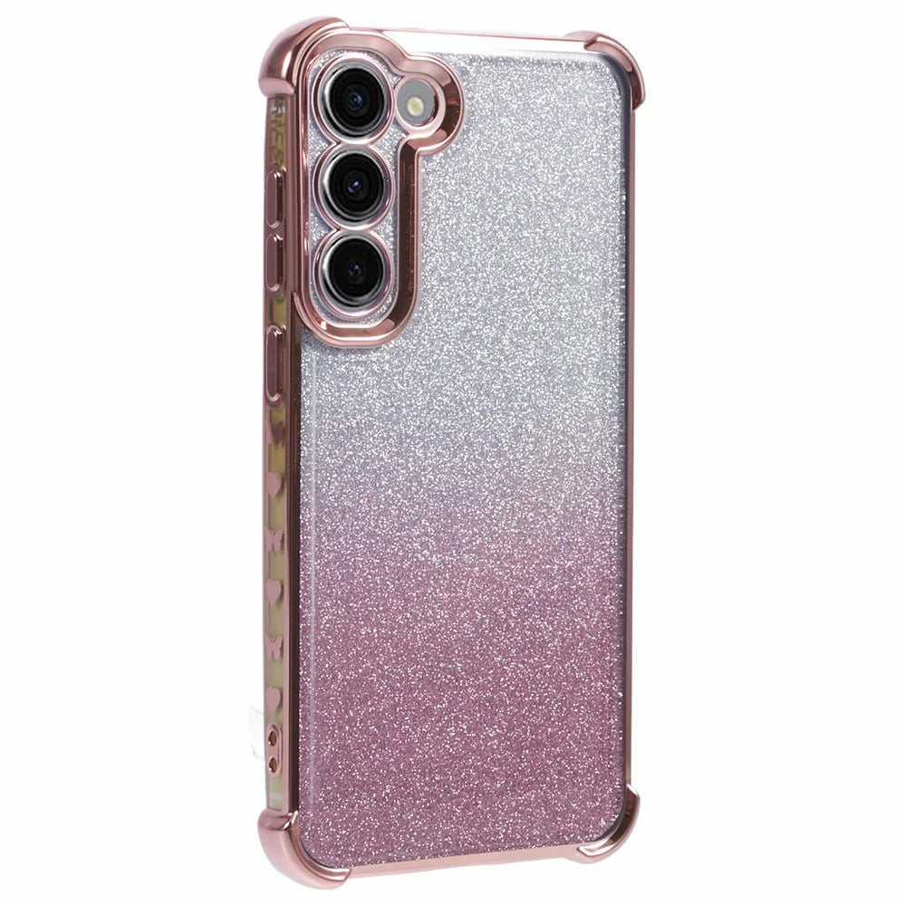 For Samsung Galaxy S23 Case TPU Glitter Gradient Phone Cover Love Heart Pattern Frame - Pink - 1