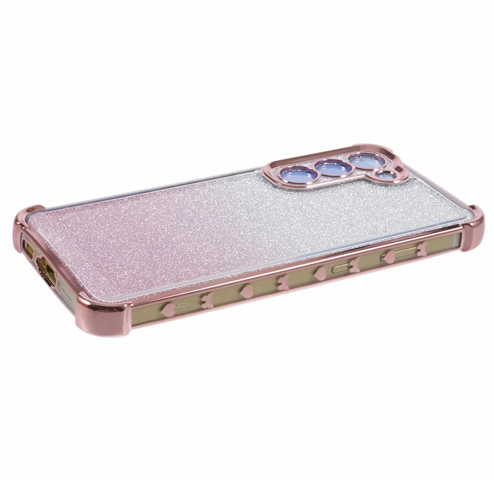 For Samsung Galaxy S23 Case TPU Glitter Gradient Phone Cover Love Heart Pattern Frame - Pink - 5