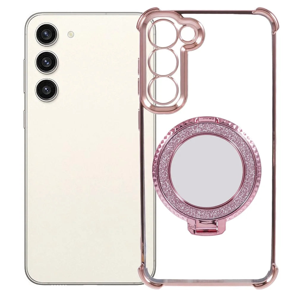 For Samsung Galaxy S23 Case Mirror Kickstand TPU Phone Cover Side Heart Pattern - Pink - 1