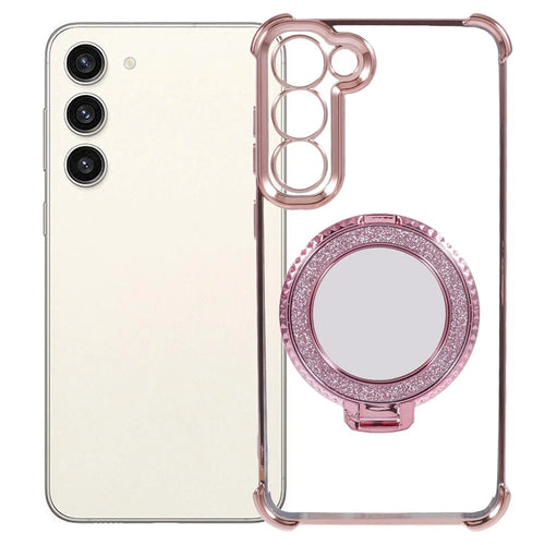 For Samsung Galaxy S23 Case Mirror Kickstand TPU Phone Cover Side Heart Pattern - Pink - 1