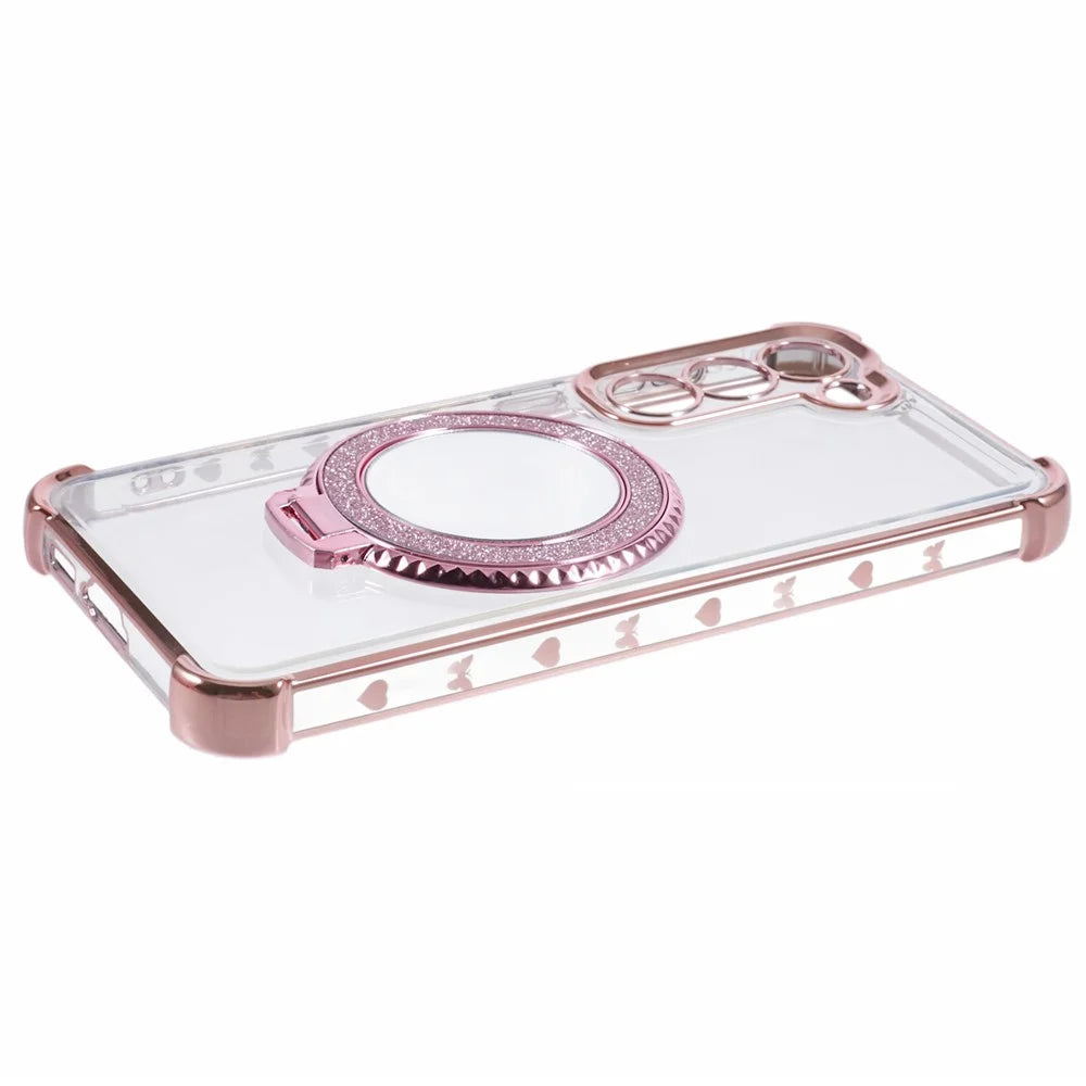 For Samsung Galaxy S23 Case Mirror Kickstand TPU Phone Cover Side Heart Pattern - Pink - 6