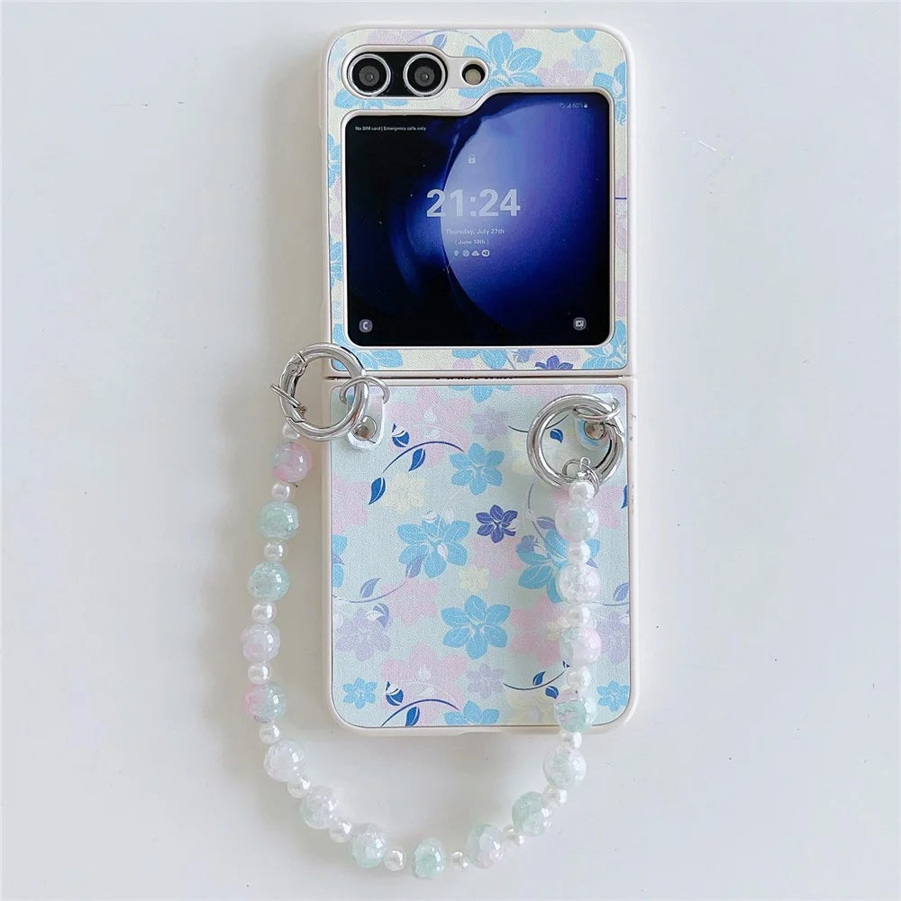 For Samsung Galaxy Z Flip5 5G Folding Phone Case Flower Pattern PU+PC Cover with Beaded Hand Strap - Yellow Flower - 1