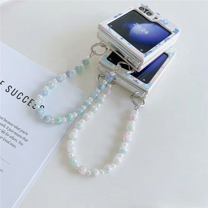 For Samsung Galaxy Z Flip5 5G Folding Phone Case Flower Pattern PU+PC Cover with Beaded Hand Strap - Yellow Flower - 6