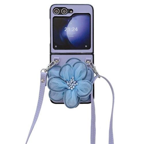 Phone Case for Samsung Galaxy Z Flip5 5G PC+PU Leather Phone Shell with Flower Decor +Shoulder Strap - Purple - 1