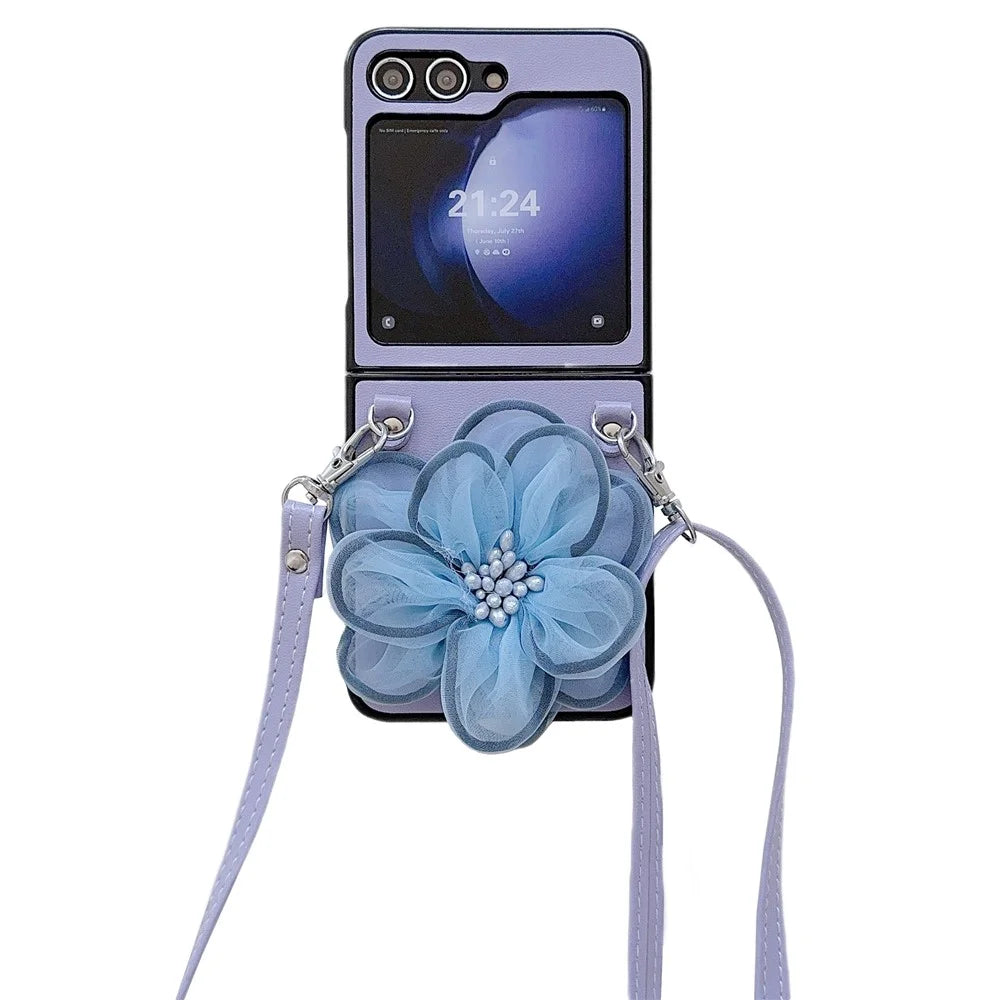 Phone Case for Samsung Galaxy Z Flip5 5G PC+PU Leather Phone Shell with Flower Decor +Shoulder Strap - Purple - 1