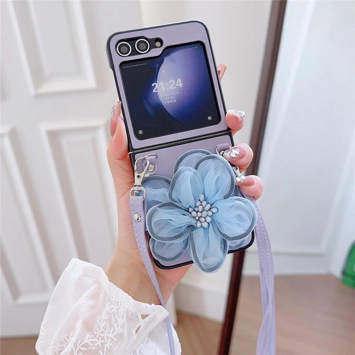 Phone Case for Samsung Galaxy Z Flip5 5G PC+PU Leather Phone Shell with Flower Decor +Shoulder Strap - Purple - 2