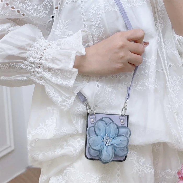 Phone Case for Samsung Galaxy Z Flip5 5G PC+PU Leather Phone Shell with Flower Decor +Shoulder Strap - Purple - 3