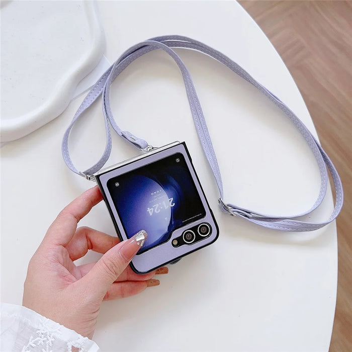 Phone Case for Samsung Galaxy Z Flip5 5G PC+PU Leather Phone Shell with Flower Decor +Shoulder Strap - Purple - 4