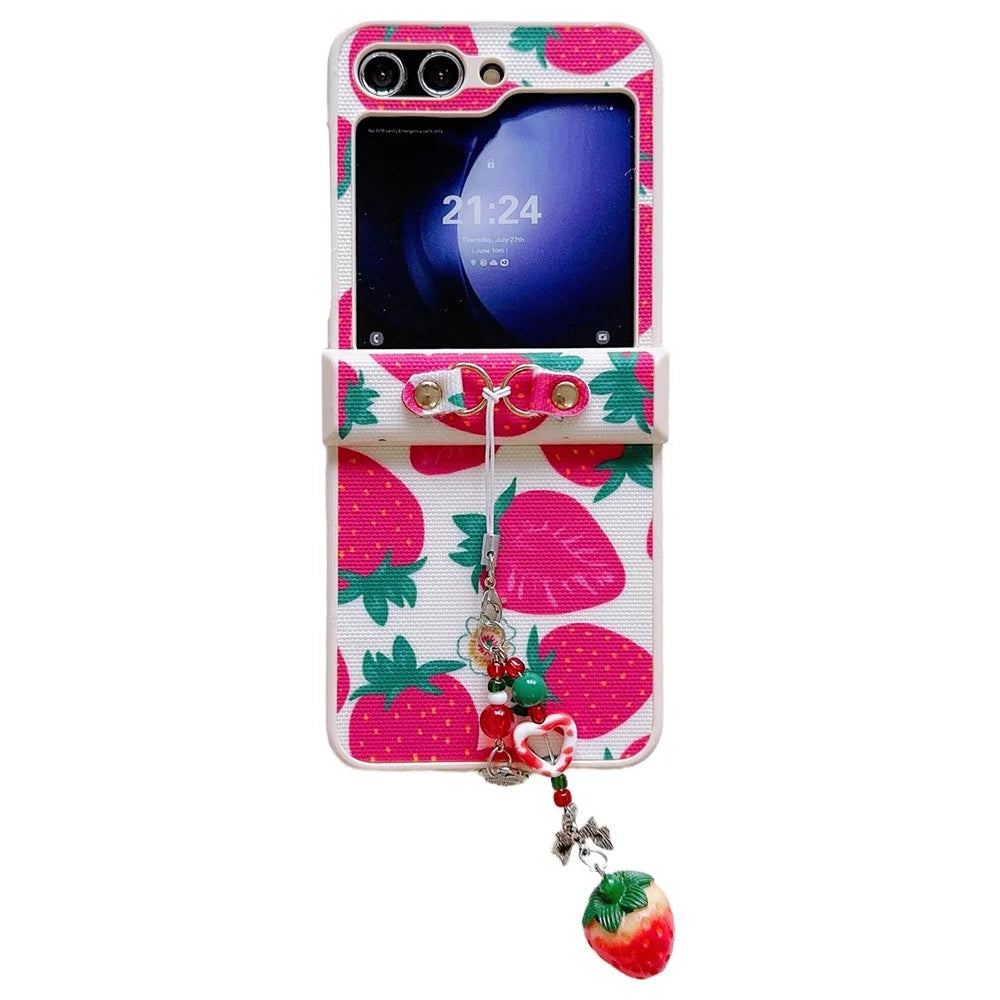For Samsung Galaxy Z Flip5 5G   Phone Case PC+PU Leather Phone Shell with Strawberry Pendant - Red - 1