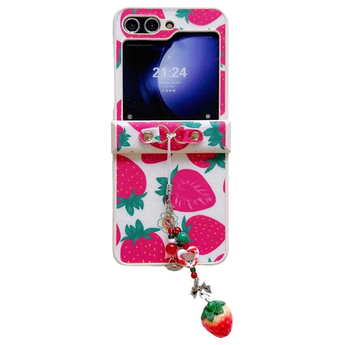 For Samsung Galaxy Z Flip5 5G   Phone Case PC+PU Leather Phone Shell with Strawberry Pendant - Red - 1