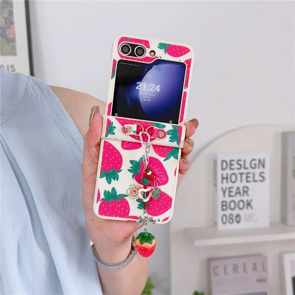 For Samsung Galaxy Z Flip5 5G   Phone Case PC+PU Leather Phone Shell with Strawberry Pendant - Red - 2