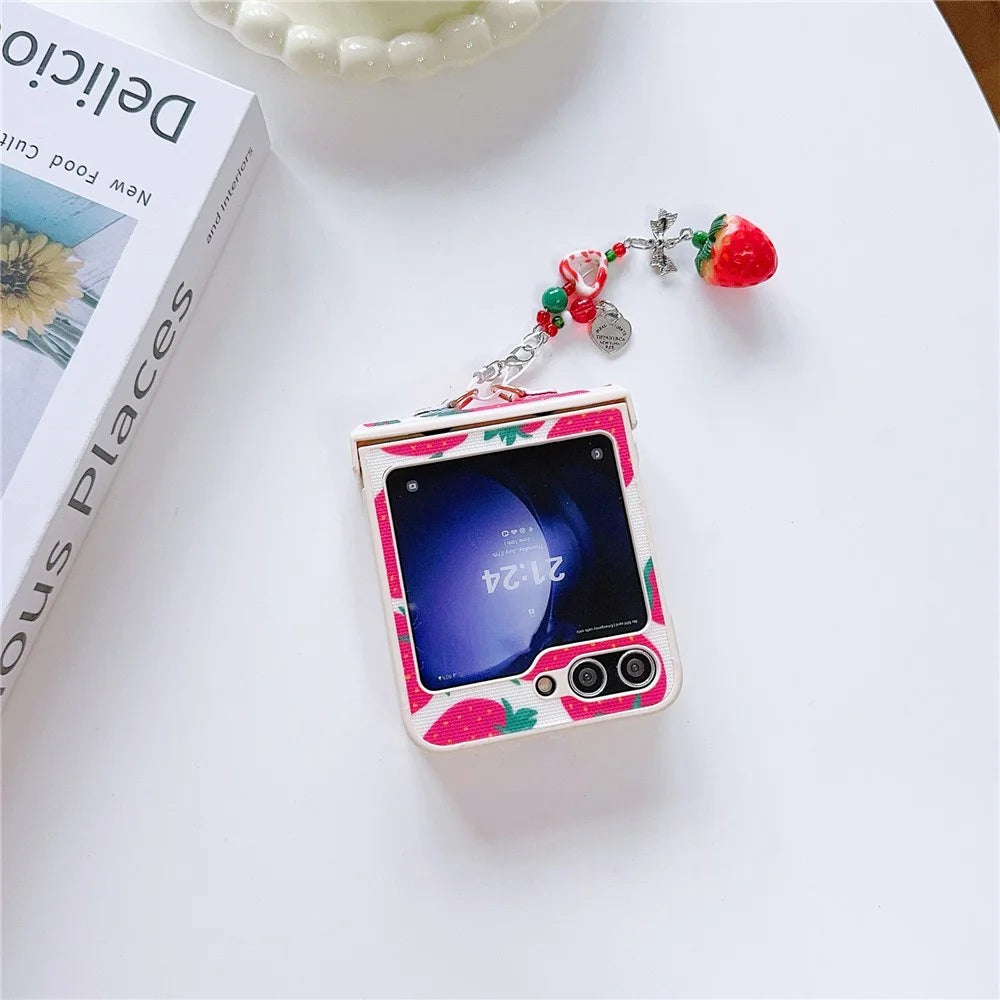 For Samsung Galaxy Z Flip5 5G   Phone Case PC+PU Leather Phone Shell with Strawberry Pendant - Red - 3
