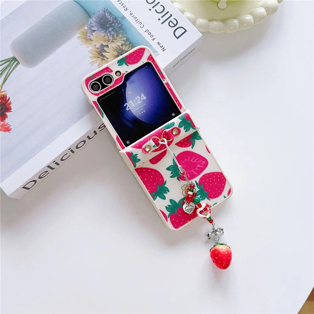 For Samsung Galaxy Z Flip5 5G   Phone Case PC+PU Leather Phone Shell with Strawberry Pendant - Red - 4