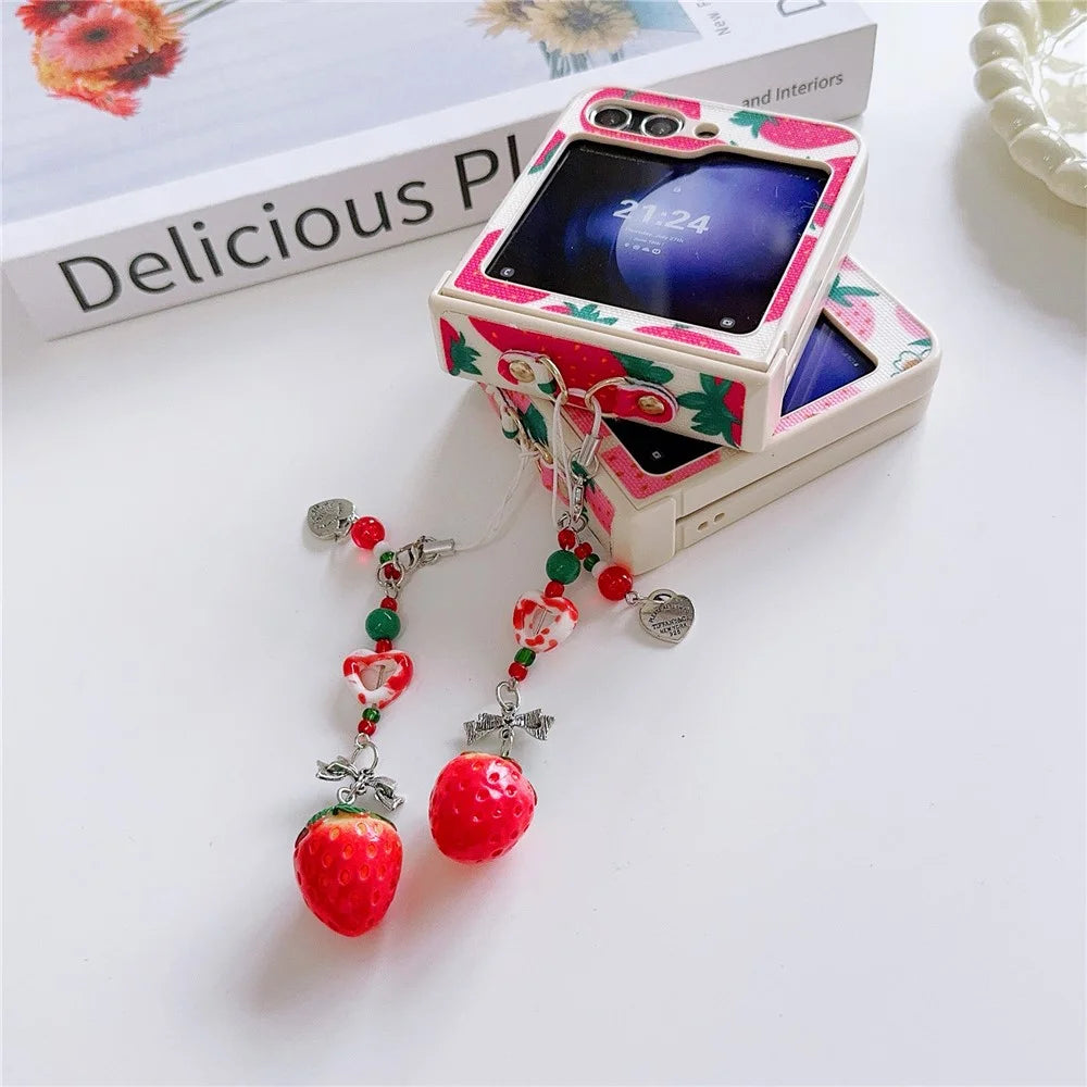For Samsung Galaxy Z Flip5 5G   Phone Case PC+PU Leather Phone Shell with Strawberry Pendant - Red - 6