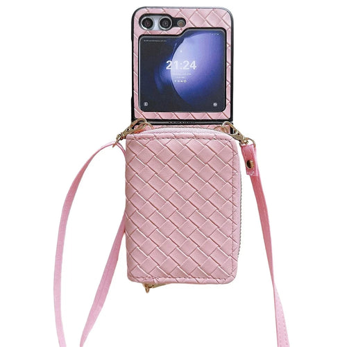 For Samsung Galaxy Z Flip5 5G   Phone Case PC+PU Leather Phone Shell with Shoulder Strap - Pink - 1