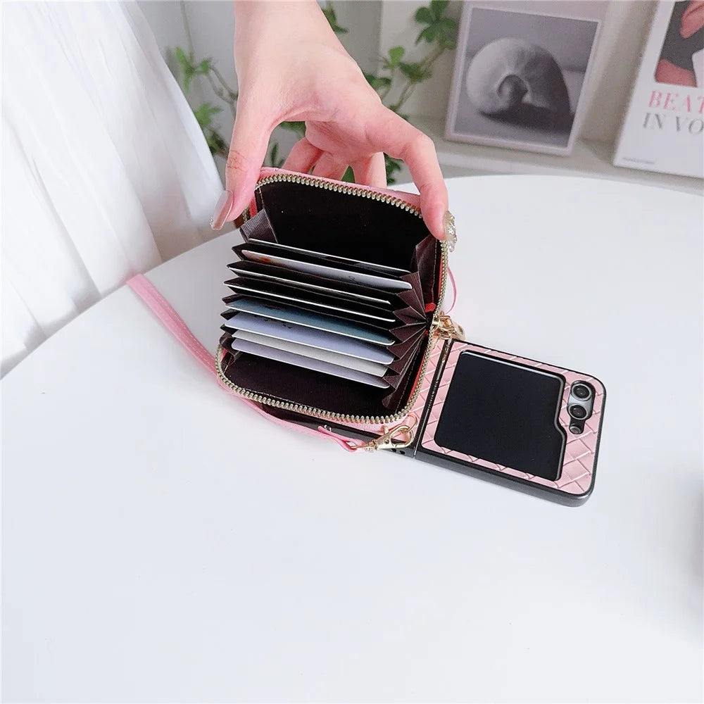 For Samsung Galaxy Z Flip5 5G   Phone Case PC+PU Leather Phone Shell with Shoulder Strap - Pink - 2