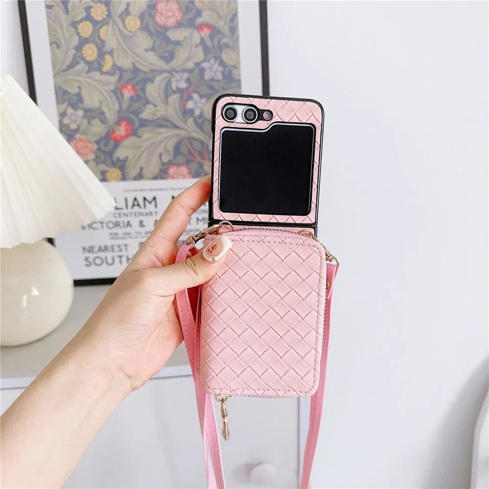 For Samsung Galaxy Z Flip5 5G   Phone Case PC+PU Leather Phone Shell with Shoulder Strap - Pink - 3