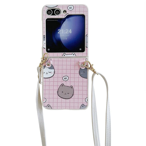 For Samsung Galaxy Z Flip5 5G Case Cartoon Cat PU+PC Phone Cover with Crossbody Strap - Pink - 1