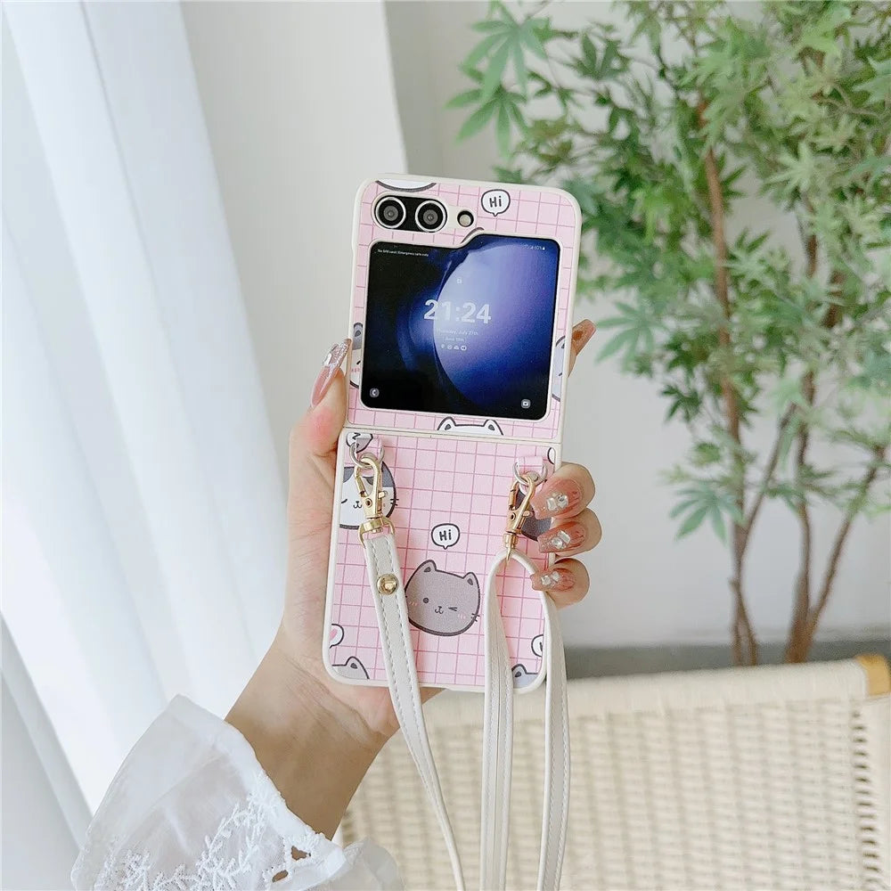 For Samsung Galaxy Z Flip5 5G Case Cartoon Cat PU+PC Phone Cover with Crossbody Strap - Pink - 2