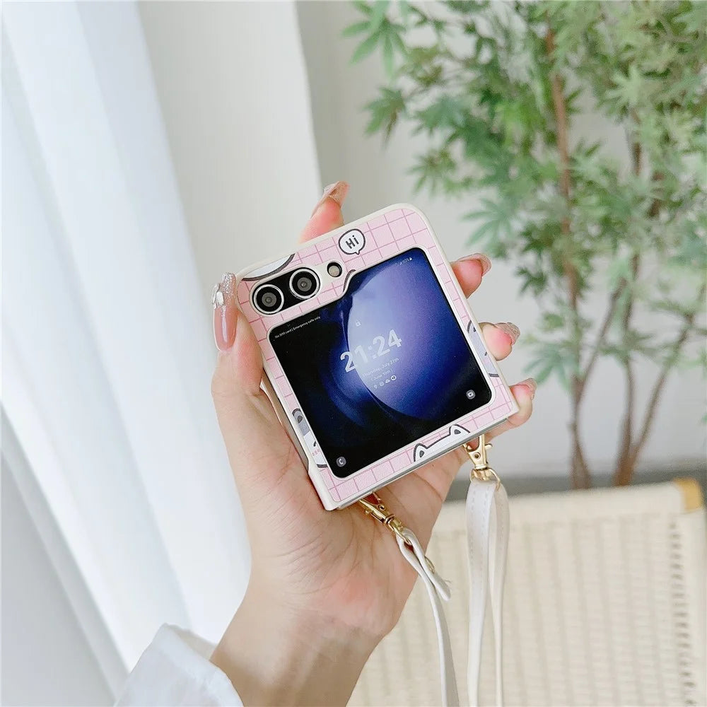 For Samsung Galaxy Z Flip5 5G Case Cartoon Cat PU+PC Phone Cover with Crossbody Strap - Pink - 3