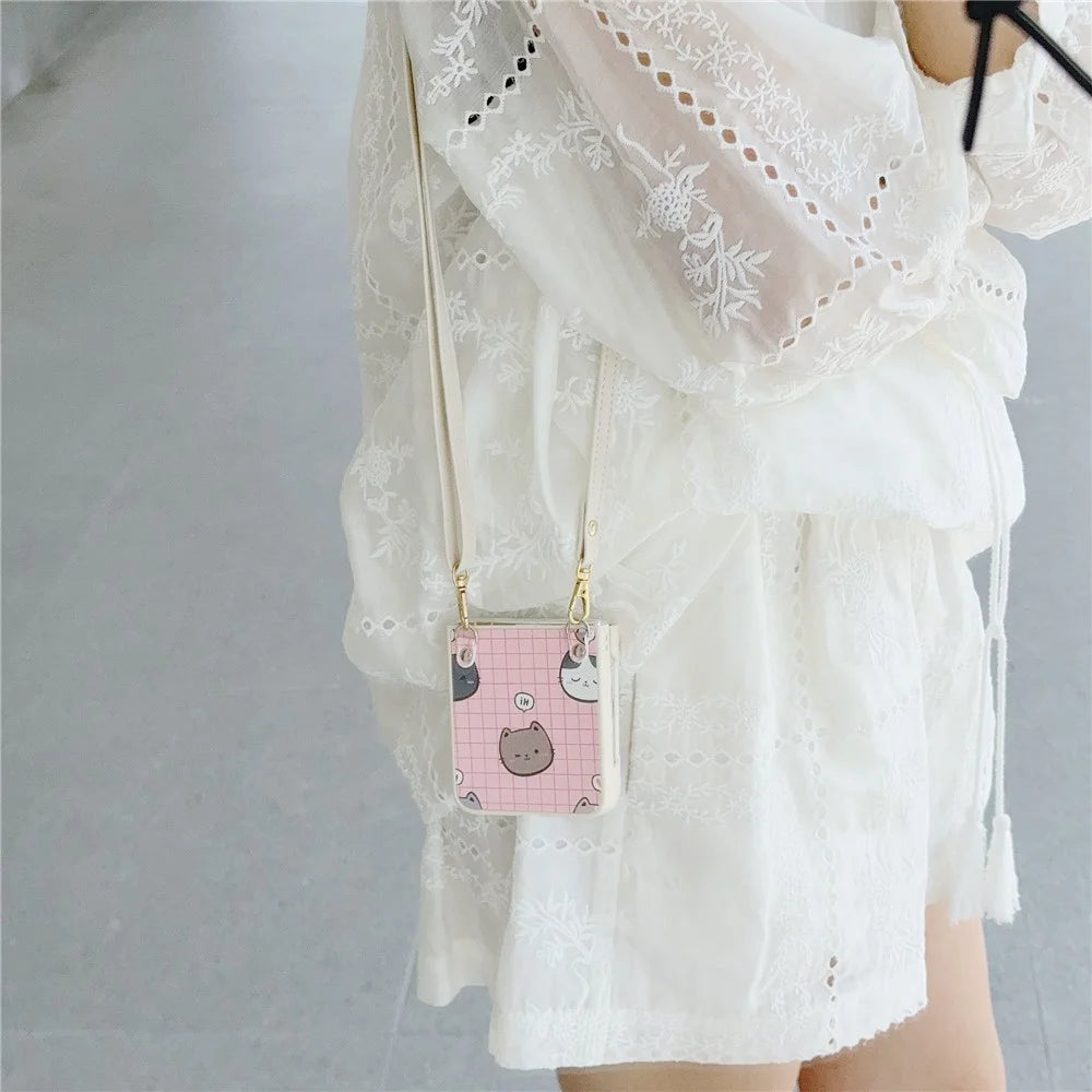 For Samsung Galaxy Z Flip5 5G Case Cartoon Cat PU+PC Phone Cover with Crossbody Strap - Pink - 5