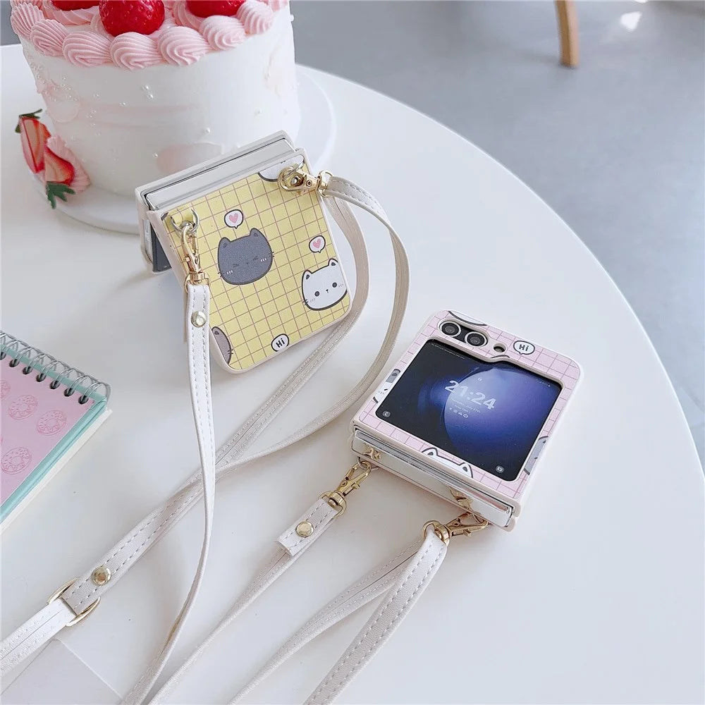 For Samsung Galaxy Z Flip5 5G Case Cartoon Cat PU+PC Phone Cover with Crossbody Strap - Pink - 6
