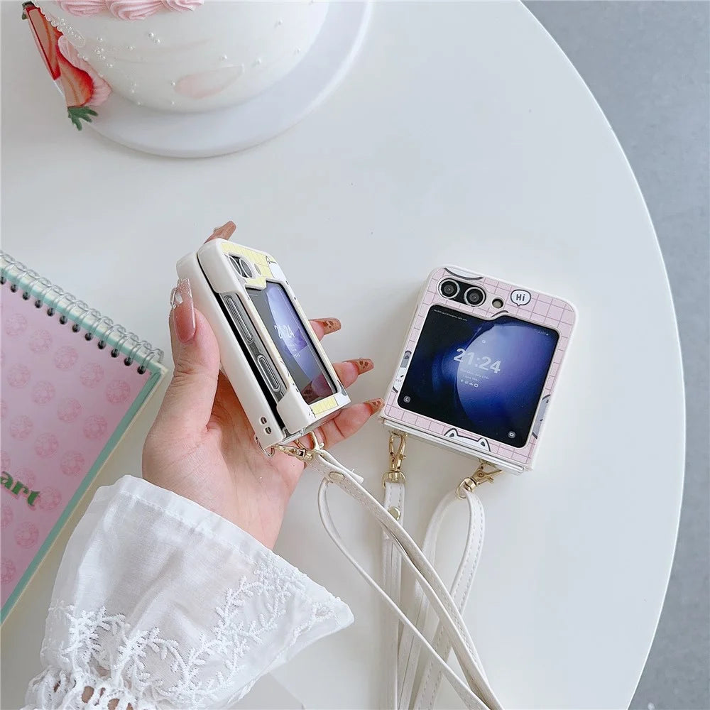 For Samsung Galaxy Z Flip5 5G Case Cartoon Cat PU+PC Phone Cover with Crossbody Strap - Pink - 7