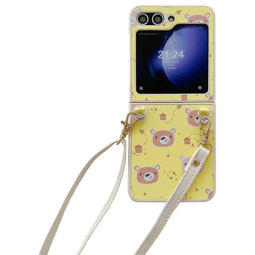 For Samsung Galaxy Z Flip5 5G Folding Phone Case Cartoon Pattern Leather+PC Cover with Long Strap - Yellow - 1