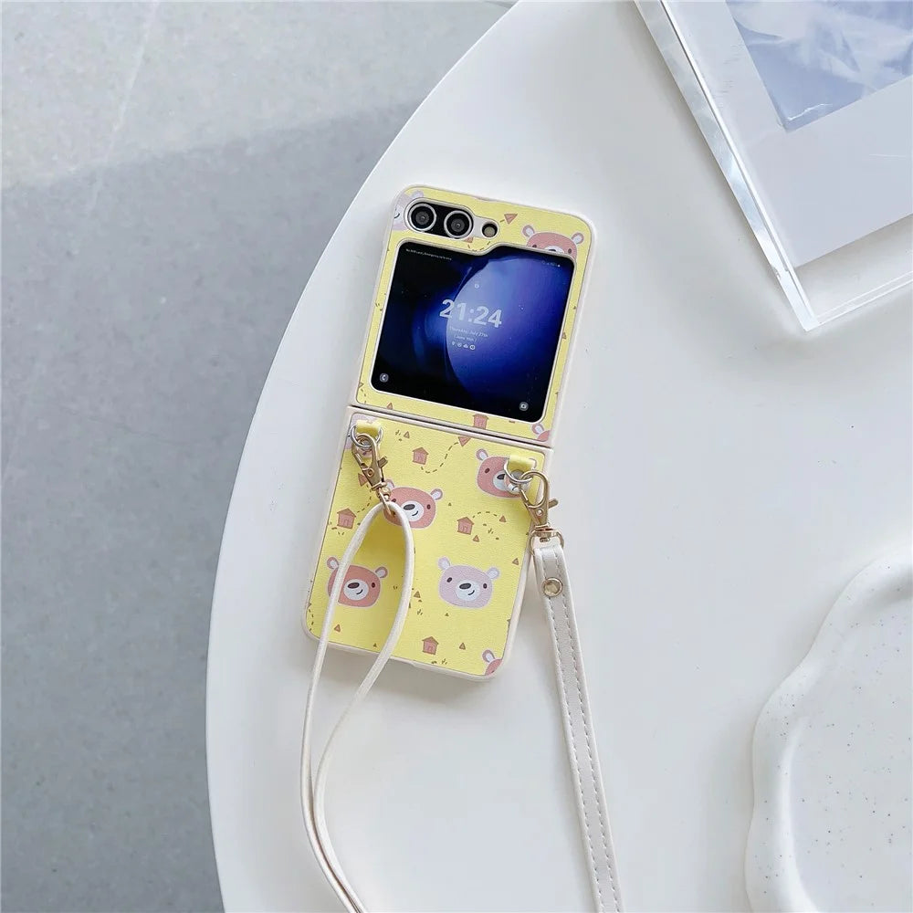 For Samsung Galaxy Z Flip5 5G Folding Phone Case Cartoon Pattern Leather+PC Cover with Long Strap - Yellow - 2