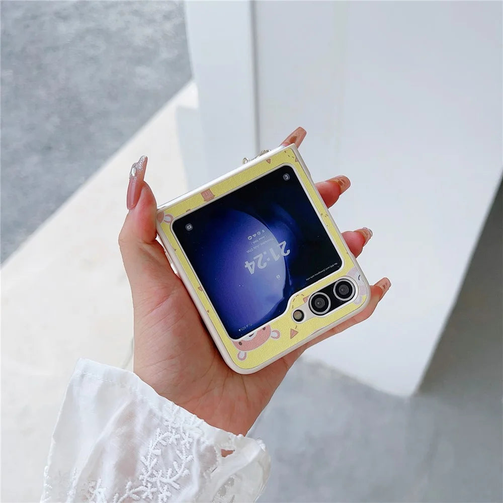 For Samsung Galaxy Z Flip5 5G Folding Phone Case Cartoon Pattern Leather+PC Cover with Long Strap - Yellow - 3