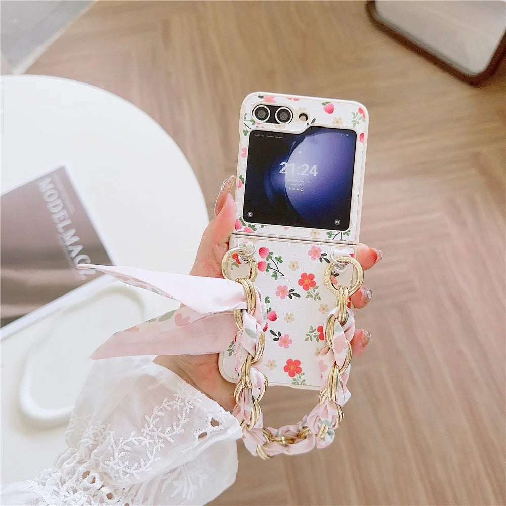 For Samsung Galaxy Z Flip5 5G Flower Pattern PU Leather+PC Cell Phone Cover with Silk Scarf Chain - White - 2