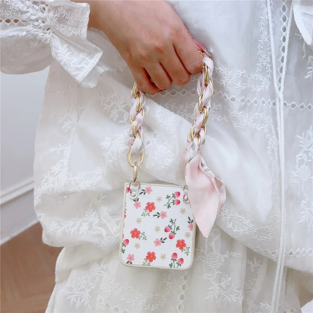 For Samsung Galaxy Z Flip5 5G Flower Pattern PU Leather+PC Cell Phone Cover with Silk Scarf Chain - White - 4