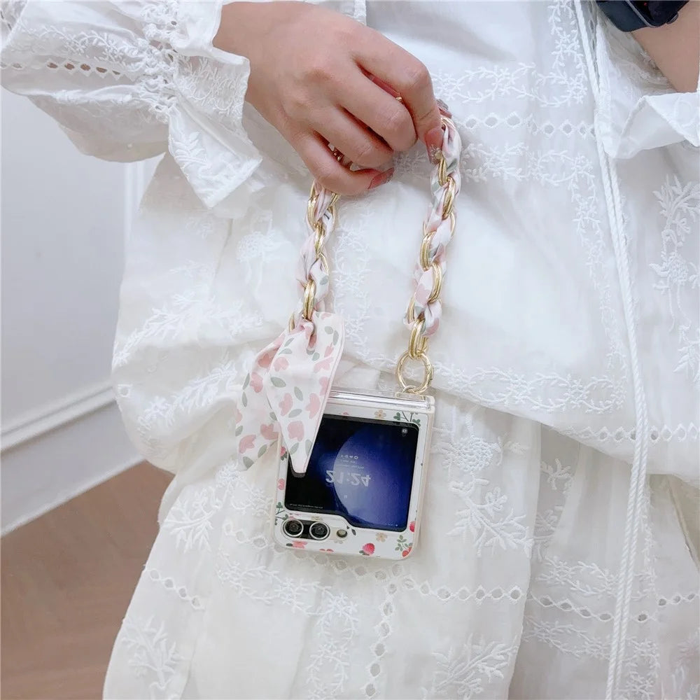 For Samsung Galaxy Z Flip5 5G Flower Pattern PU Leather+PC Cell Phone Cover with Silk Scarf Chain - White - 5