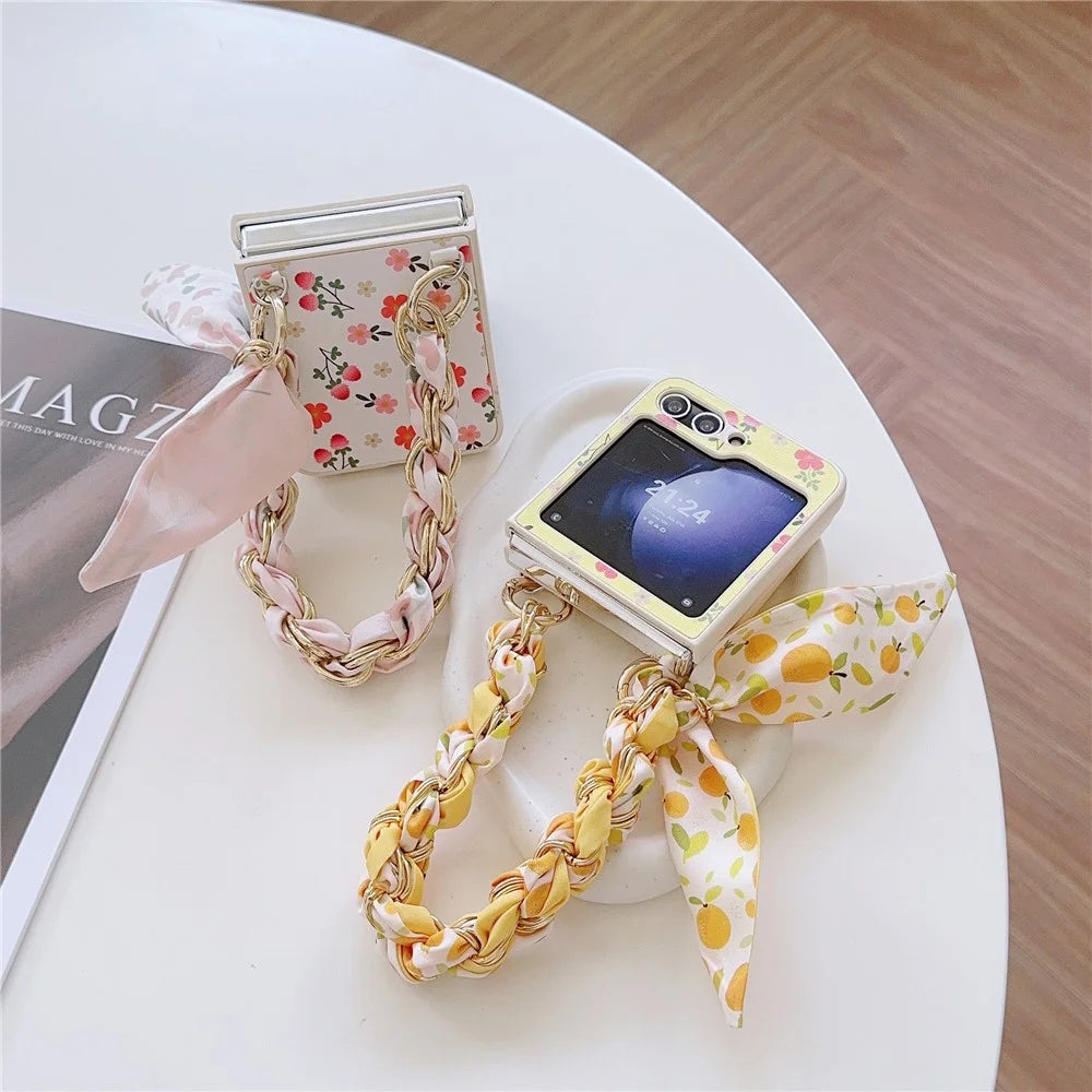 For Samsung Galaxy Z Flip5 5G Flower Pattern PU Leather+PC Cell Phone Cover with Silk Scarf Chain - White - 6