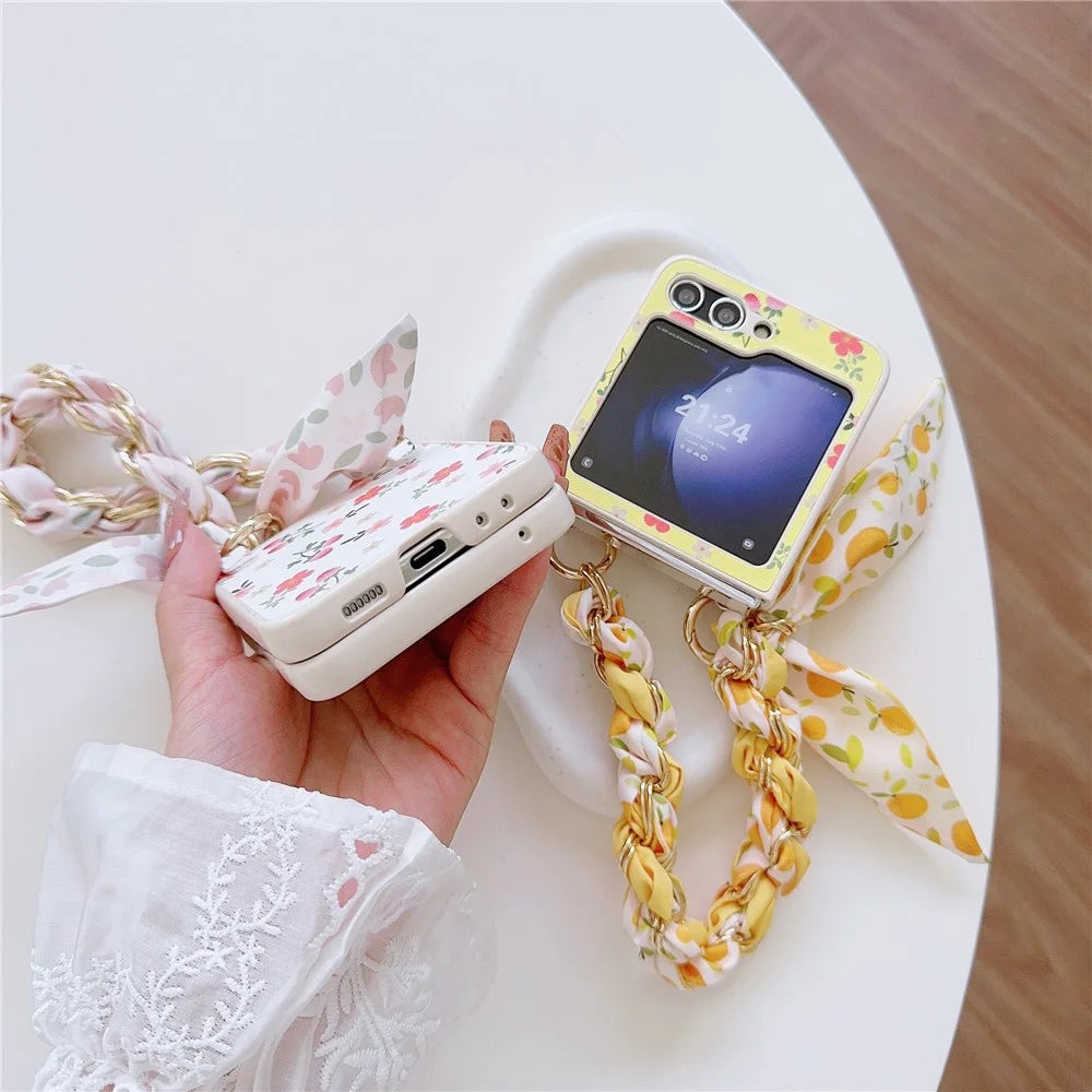 For Samsung Galaxy Z Flip5 5G Flower Pattern PU Leather+PC Cell Phone Cover with Silk Scarf Chain - White - 7