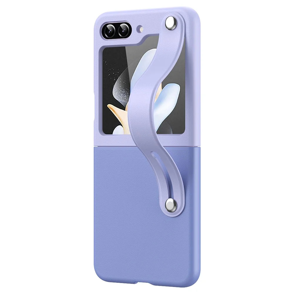 For Samsung Galaxy Z Flip7 FE 5G / Z Flip6 5G / Z Flip5 5G PU+PC Case Dual Color Hand Strap Kickstand Phone Cover - Sky Blue / Light Purple - 2