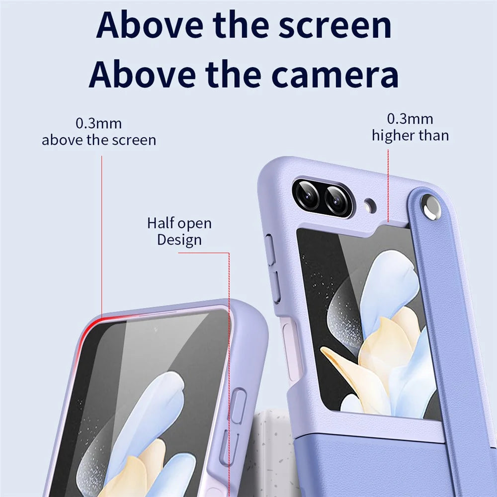 For Samsung Galaxy Z Flip7 FE 5G / Z Flip6 5G / Z Flip5 5G PU+PC Case Dual Color Hand Strap Kickstand Phone Cover - Sky Blue / Light Purple - 3