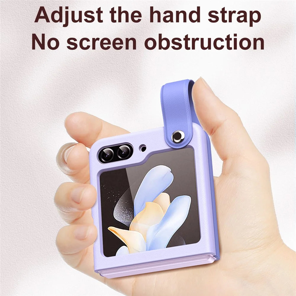 For Samsung Galaxy Z Flip7 FE 5G / Z Flip6 5G / Z Flip5 5G PU+PC Case Dual Color Hand Strap Kickstand Phone Cover - Sky Blue / Light Purple - 4
