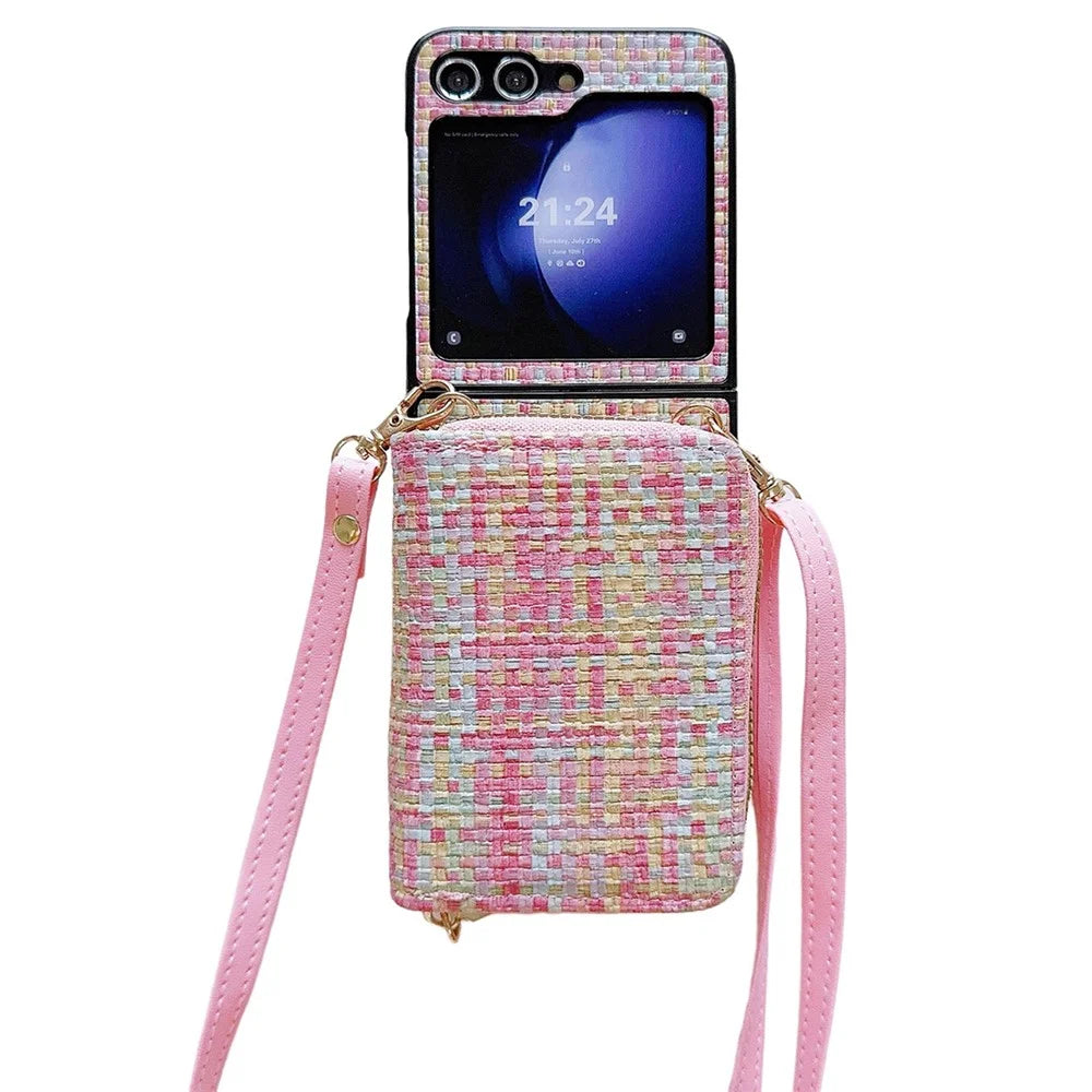 For Samsung Galaxy Z Flip5 5G Phone Case Card Bag PU Leather+PC Cover with Crossbody Strap - Woven Pink - 1