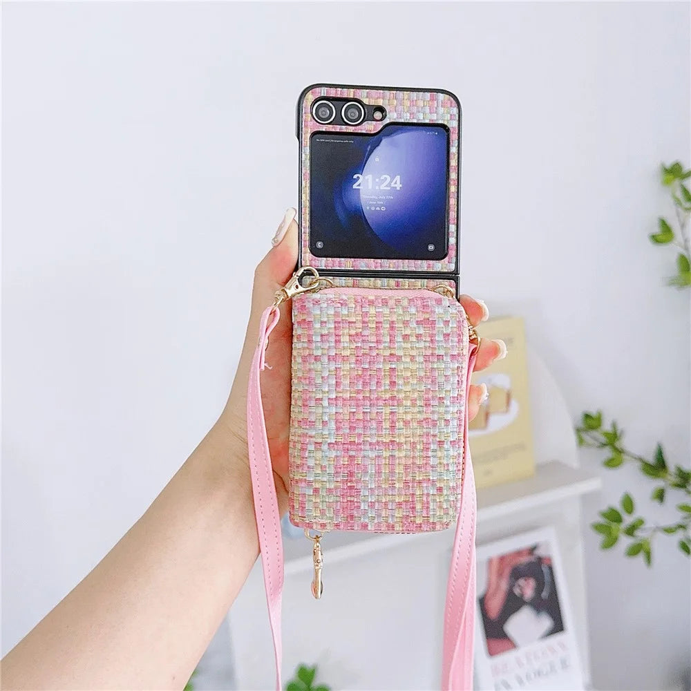 For Samsung Galaxy Z Flip5 5G Phone Case Card Bag PU Leather+PC Cover with Crossbody Strap - Woven Pink - 2