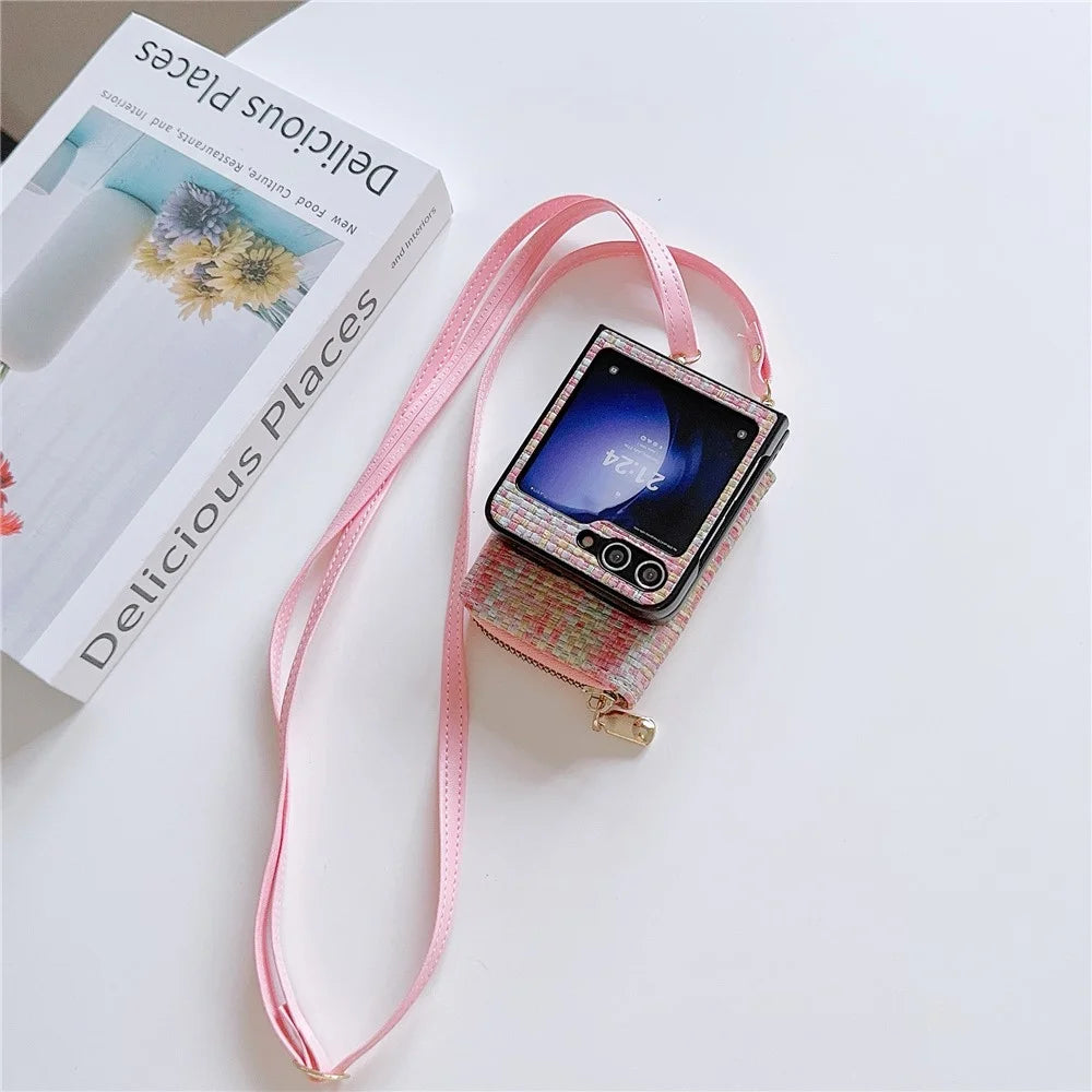 For Samsung Galaxy Z Flip5 5G Phone Case Card Bag PU Leather+PC Cover with Crossbody Strap - Woven Pink - 3