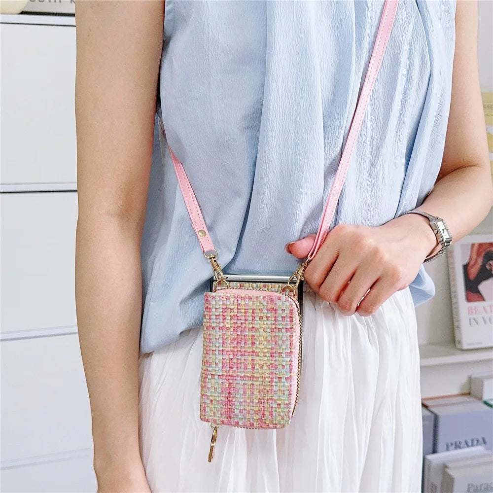 For Samsung Galaxy Z Flip5 5G Phone Case Card Bag PU Leather+PC Cover with Crossbody Strap - Woven Pink - 4