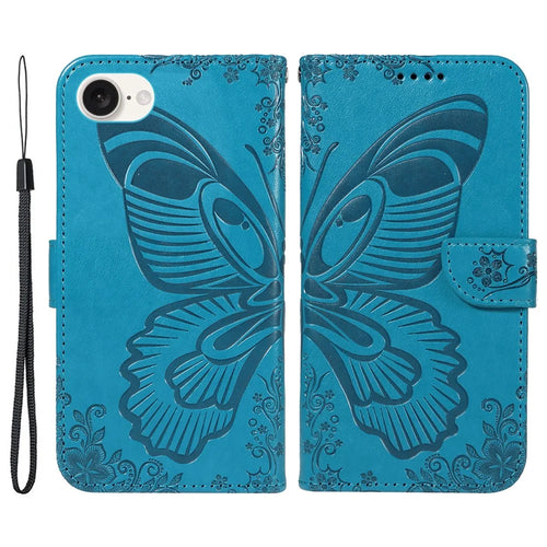 For iPhone 17e / 16e Case with Hand Strap Butterfly PU Leather Wallet Phone Cover - Blue - 1