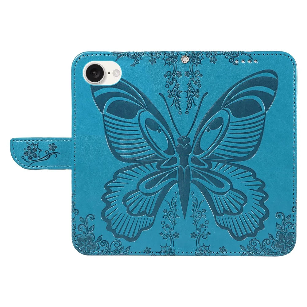 For iPhone 17e / 16e Case with Hand Strap Butterfly PU Leather Wallet Phone Cover - Blue - 2