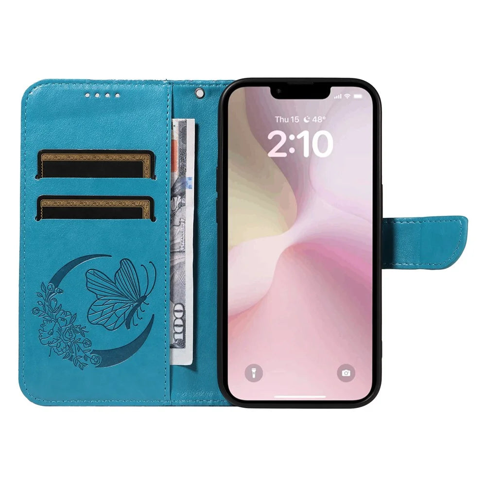 For iPhone 17e / 16e Case with Hand Strap Butterfly PU Leather Wallet Phone Cover - Blue - 3