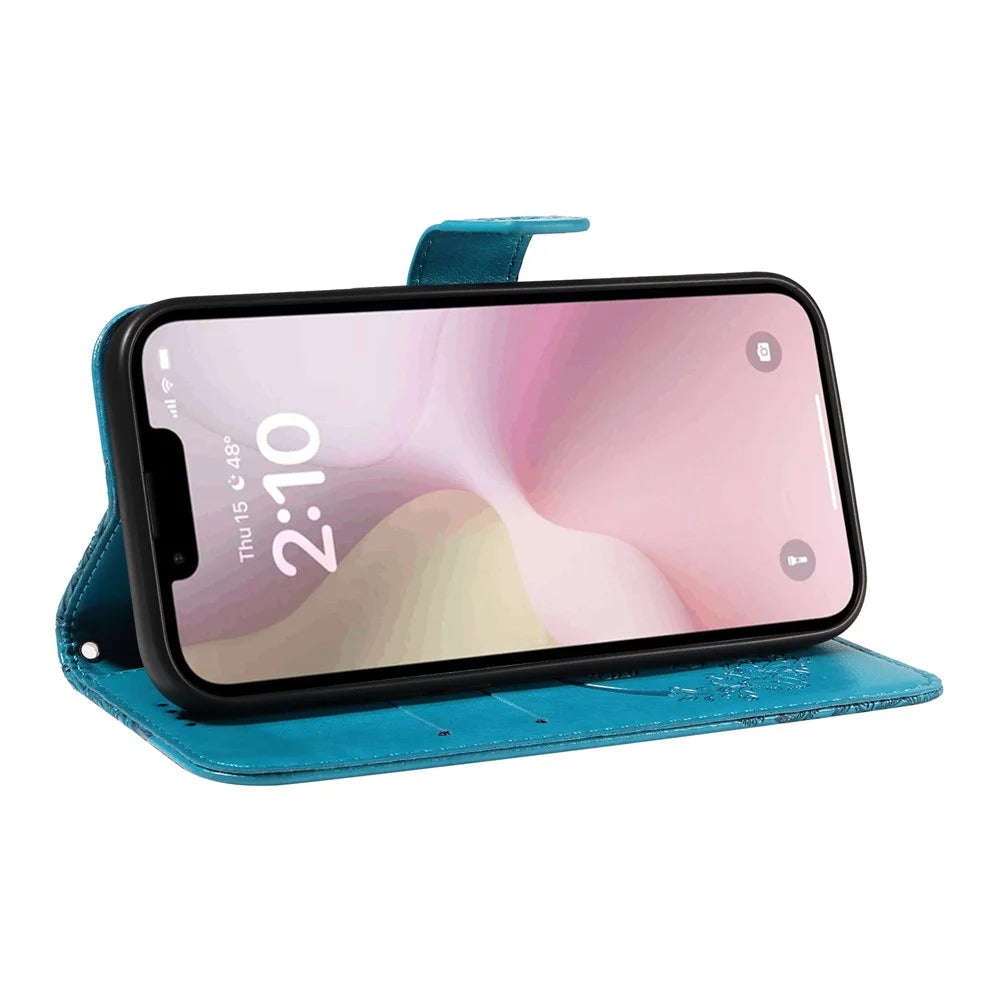 For iPhone 17e / 16e Case with Hand Strap Butterfly PU Leather Wallet Phone Cover - Blue - 4
