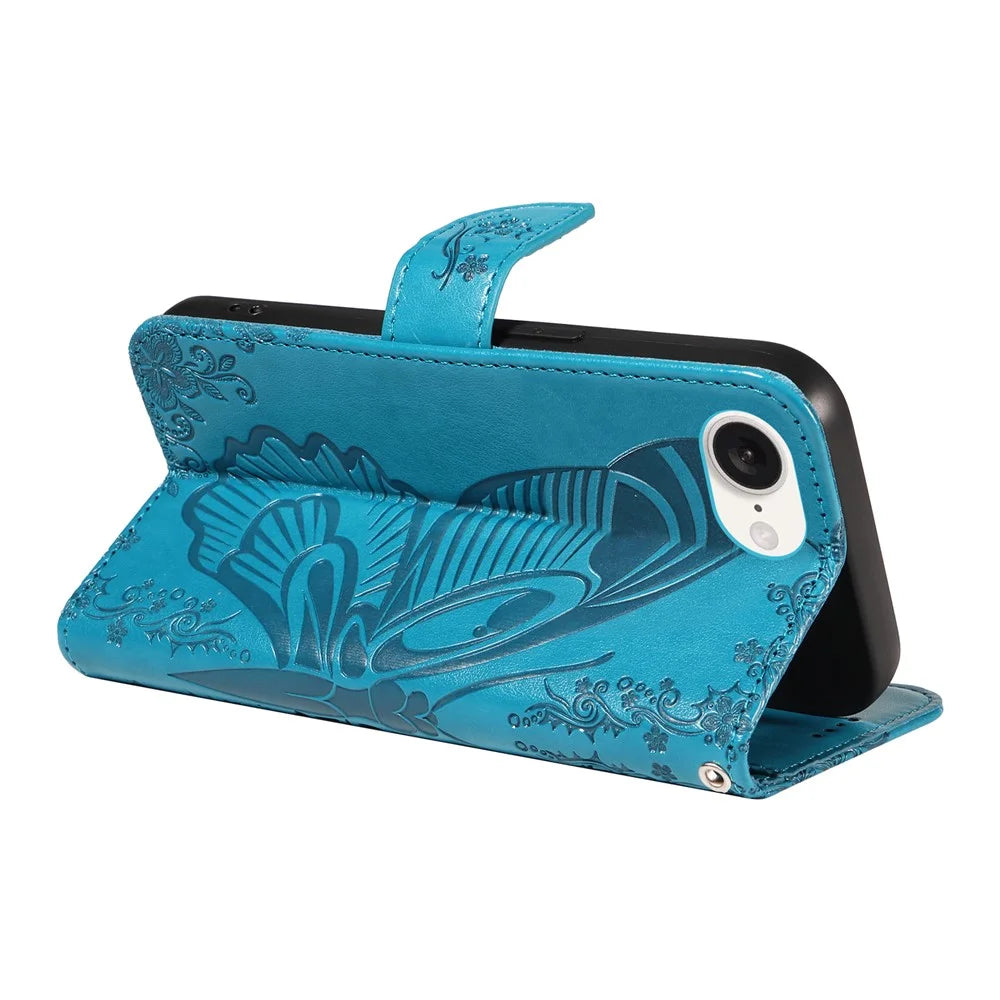 For iPhone 17e / 16e Case with Hand Strap Butterfly PU Leather Wallet Phone Cover - Blue - 5