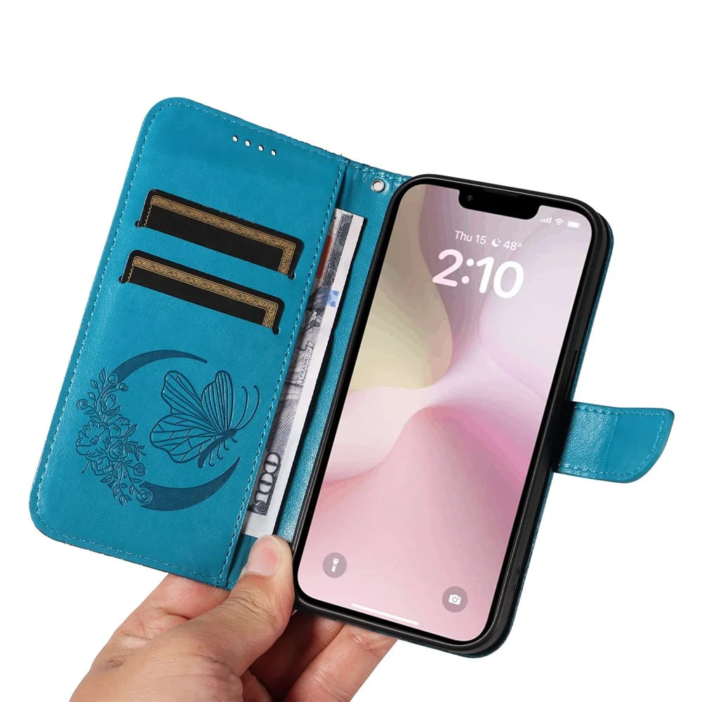 For iPhone 17e / 16e Case with Hand Strap Butterfly PU Leather Wallet Phone Cover - Blue - 6